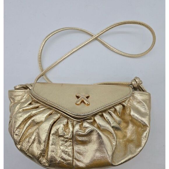 Gold Leather Crossbody Purse With Ruched Design & X Closure Bag By Pinky - Picture 1 of 7